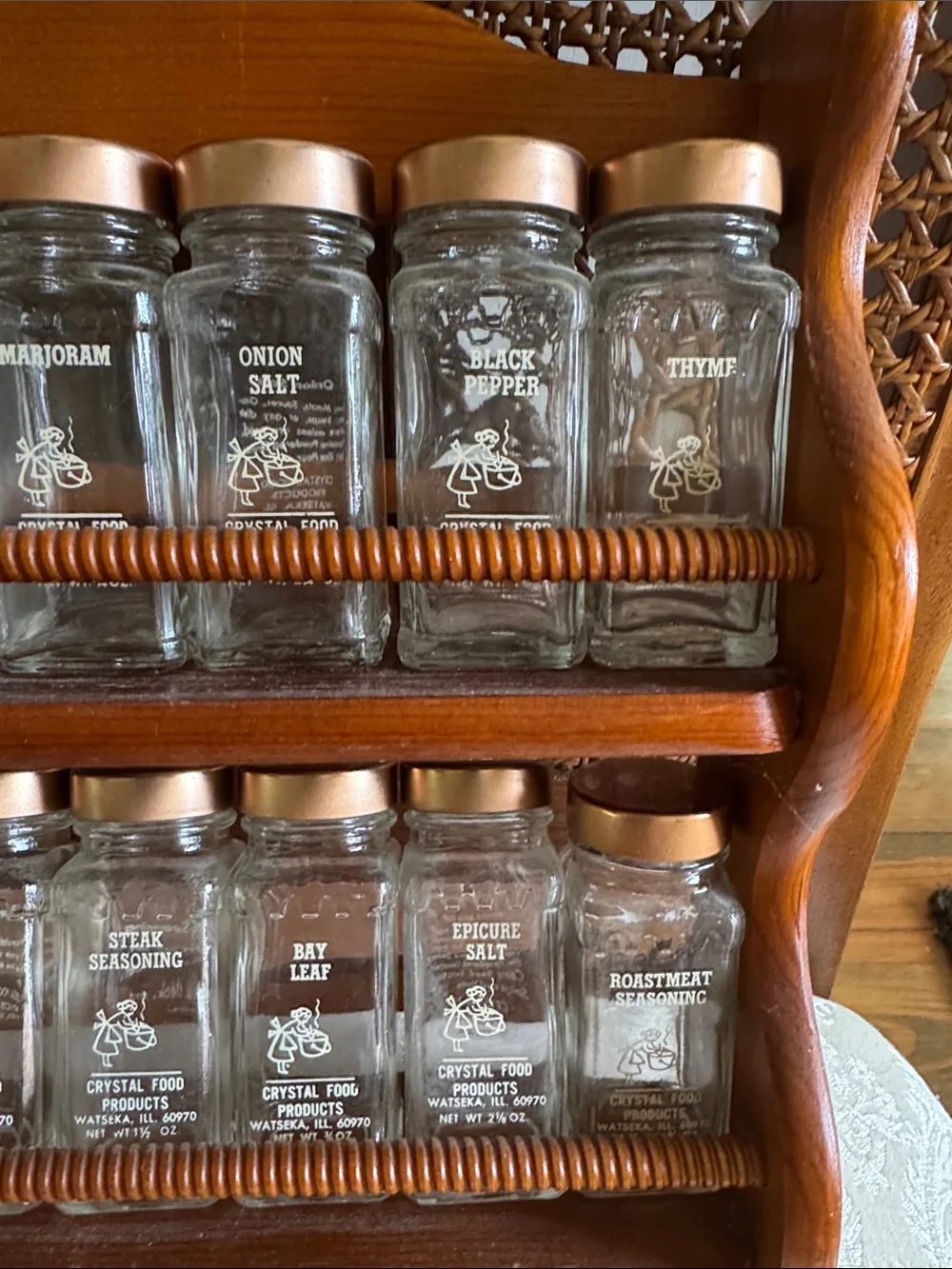 Vintage Glass Spice Jar Set with Copper Lids on Wooden Rack